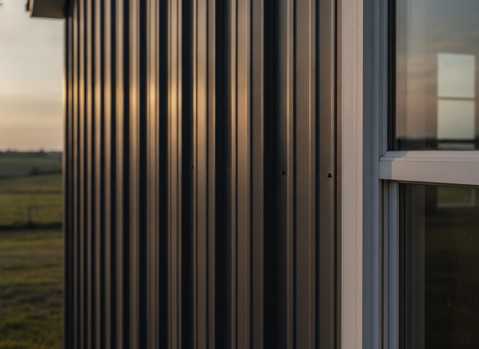 Detail of dark metal siding and white trim on a barndominium