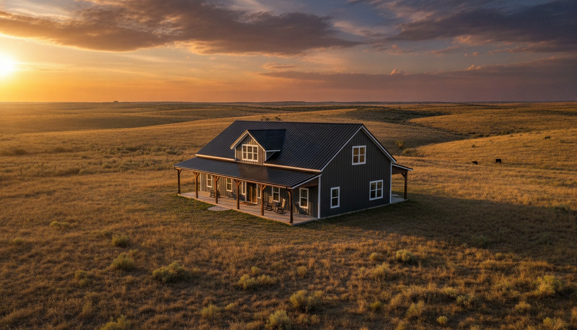 Modern barndominium exterior with dark metal siding and white trim